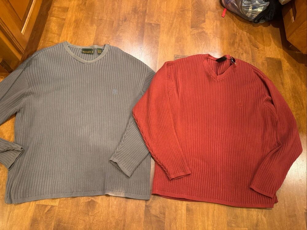 Vintage Y2K Timberland XXL Ribbed Cotton Sweaters Lot of 2 Red Gray Logo